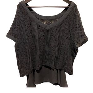 Ladies 2 piece black lace top with button in sheer tank top that is detachable